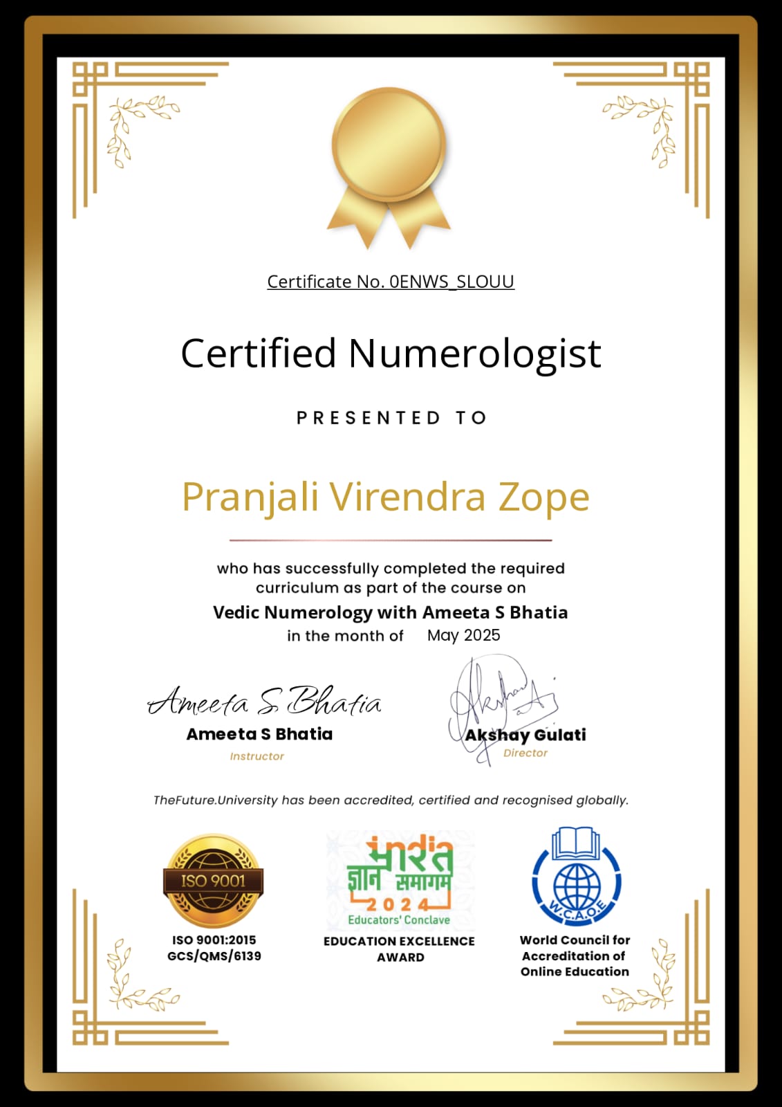 Certified Numerologist Certificate